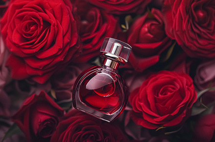 Perfume bottle in flowers, fragrance on blooming background, flo, a Photo by Anneleven
