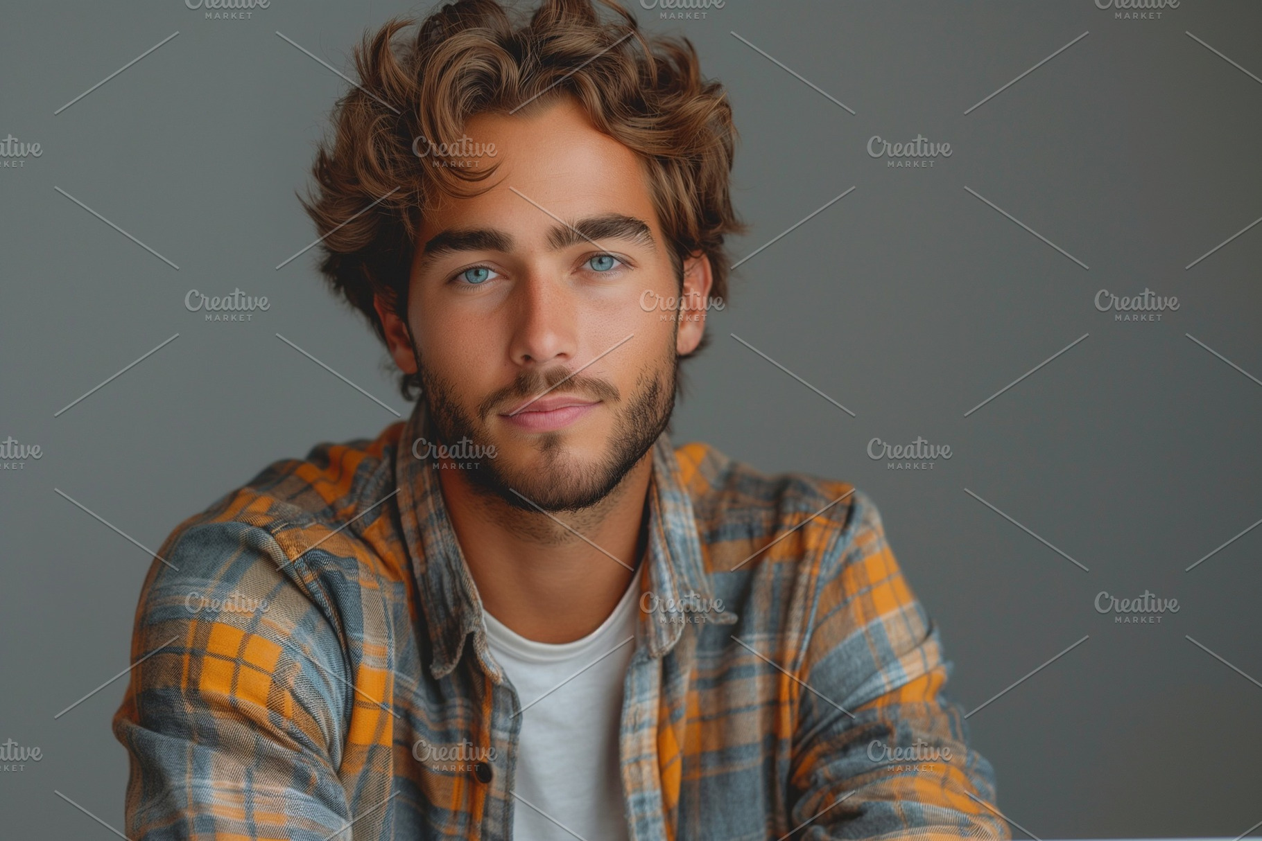 A handsome young Caucasian male with curly hair and blue eyes gazes confidently, a Person Photo by ImageMir