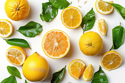 Fresh and tasty grapefruits with green leaves on white background, a Food & Drink Photo by AlyaAnd