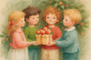 Four children sharing a gift box filled with fresh apples, symbo, an Illustration by Studio ANNA