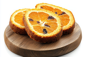 Slices of Orange fruit cake on woode, a Food & Drink Photo by Pixeness Studio