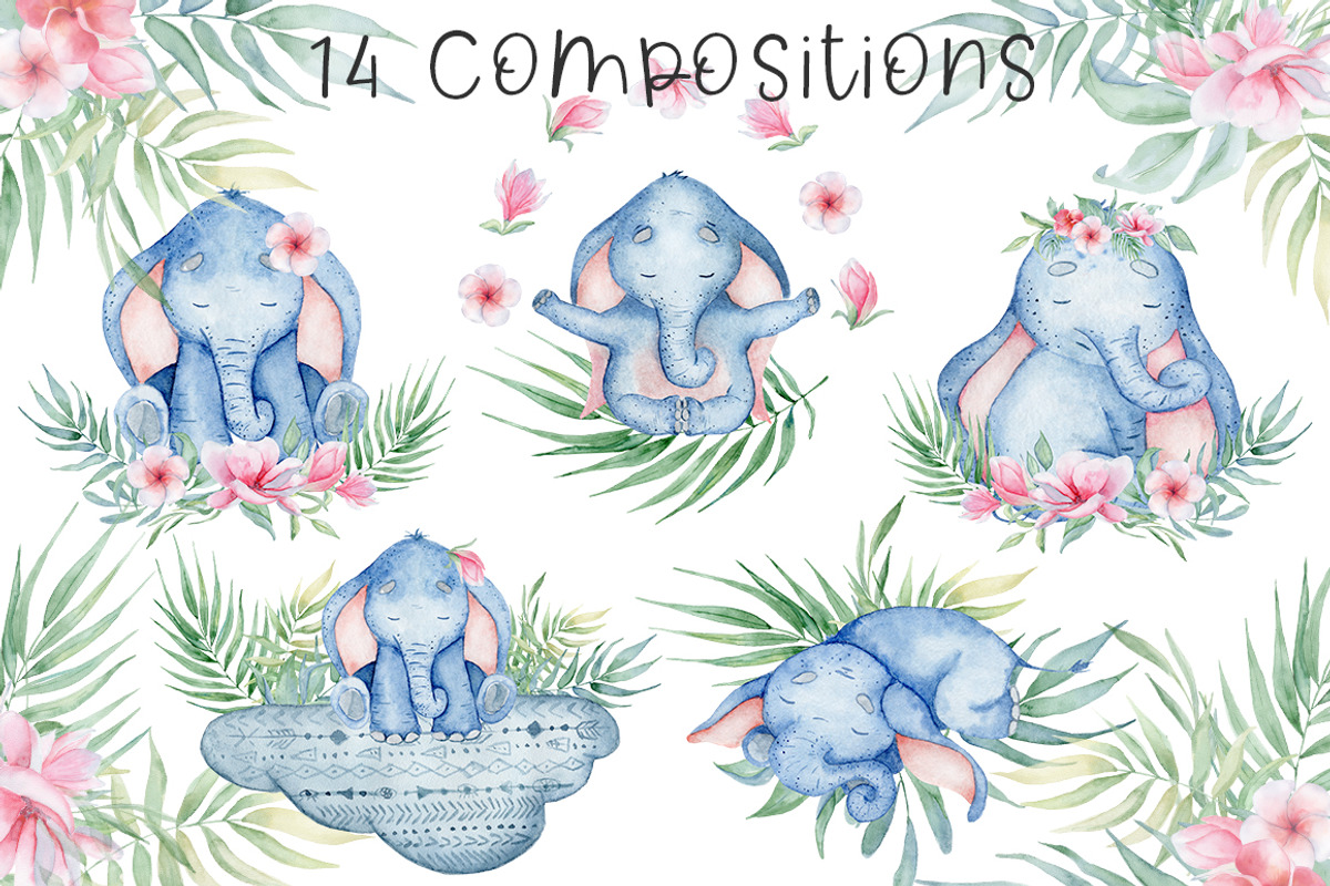 Lovely Elephants Watercolor set, an Animal Illustration by Evgeniia