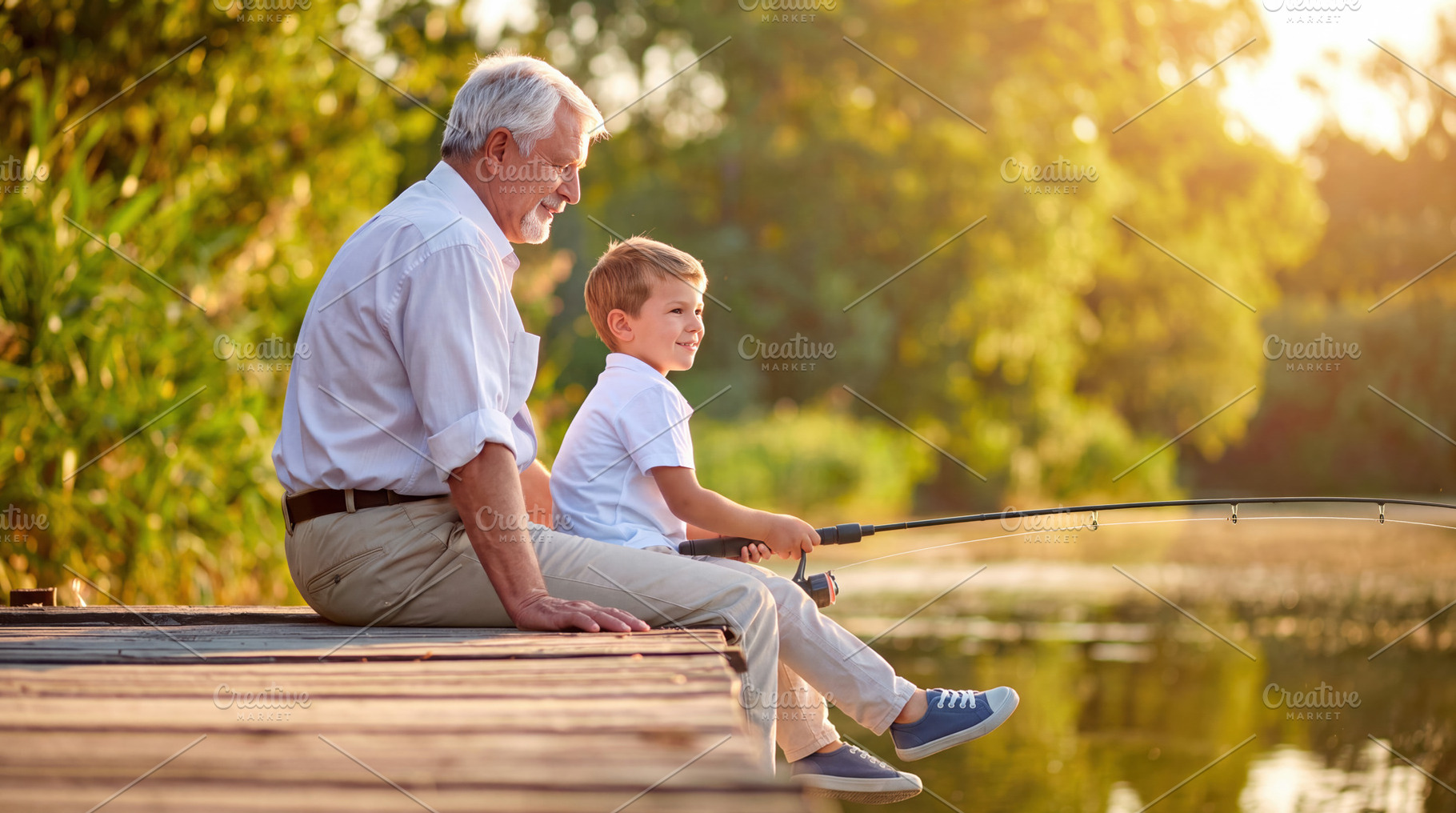 Grandfather and Boy Fishing by a Lake, a Sports & Recreation Photo by Davizro's Market