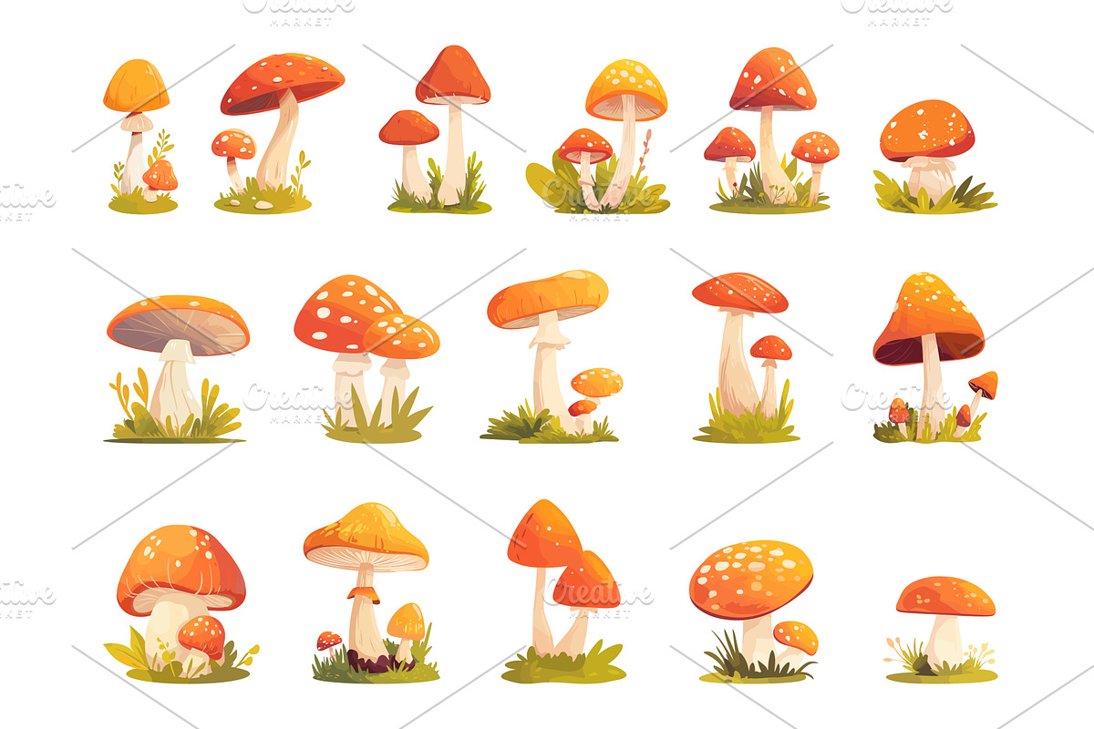 Set of various cartoon mushrooms in, a Food Illustration by LadadikArt