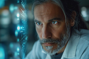 Focused male scientist with long hair and beard, analyzing data on a holographi, a Person Photo by ImageMir