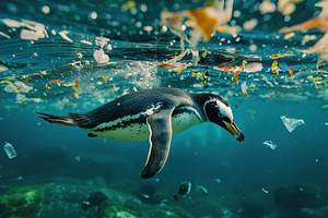 Sea penguin swims in plastic pollution in underwater sea. Enviro, an Animal Photo by AlyaAnd