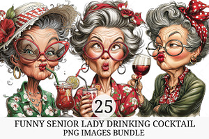 Funny Senior Lady Drinking Cocktail, an Illustration by Craft Nest