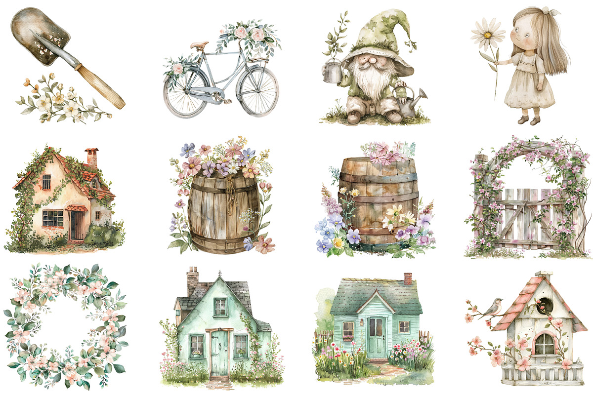 Pastel Spring Cottage Clipart Bundle, an Illustration by DreamCafeArt (Photo 3 of 8)