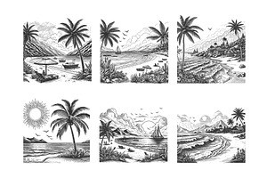 Beach Landscape engraving set vector, an Illustration by AlexArt