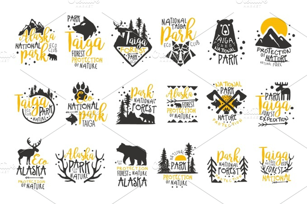Alaska National Park Promo Signs Series Of Colorful Vector Design ...