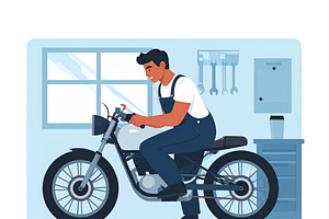 Motorcycle mechanic inside a home garage repairing a motorcycle, a Transportation Illustration by DanFLCreativo