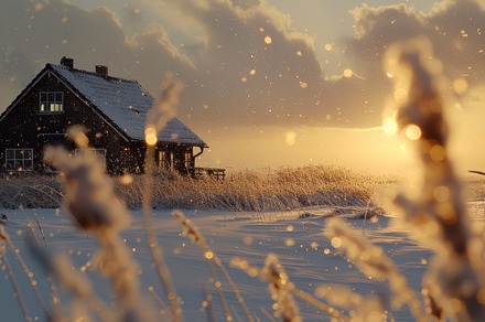 Winter landscape at sunset and house, a Nature Photo by Virgo Studio