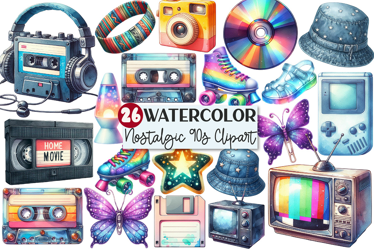 Watercolor Nostalgic 90s Clipart, an Illustration by Rose Art (Photo 1 of 7)