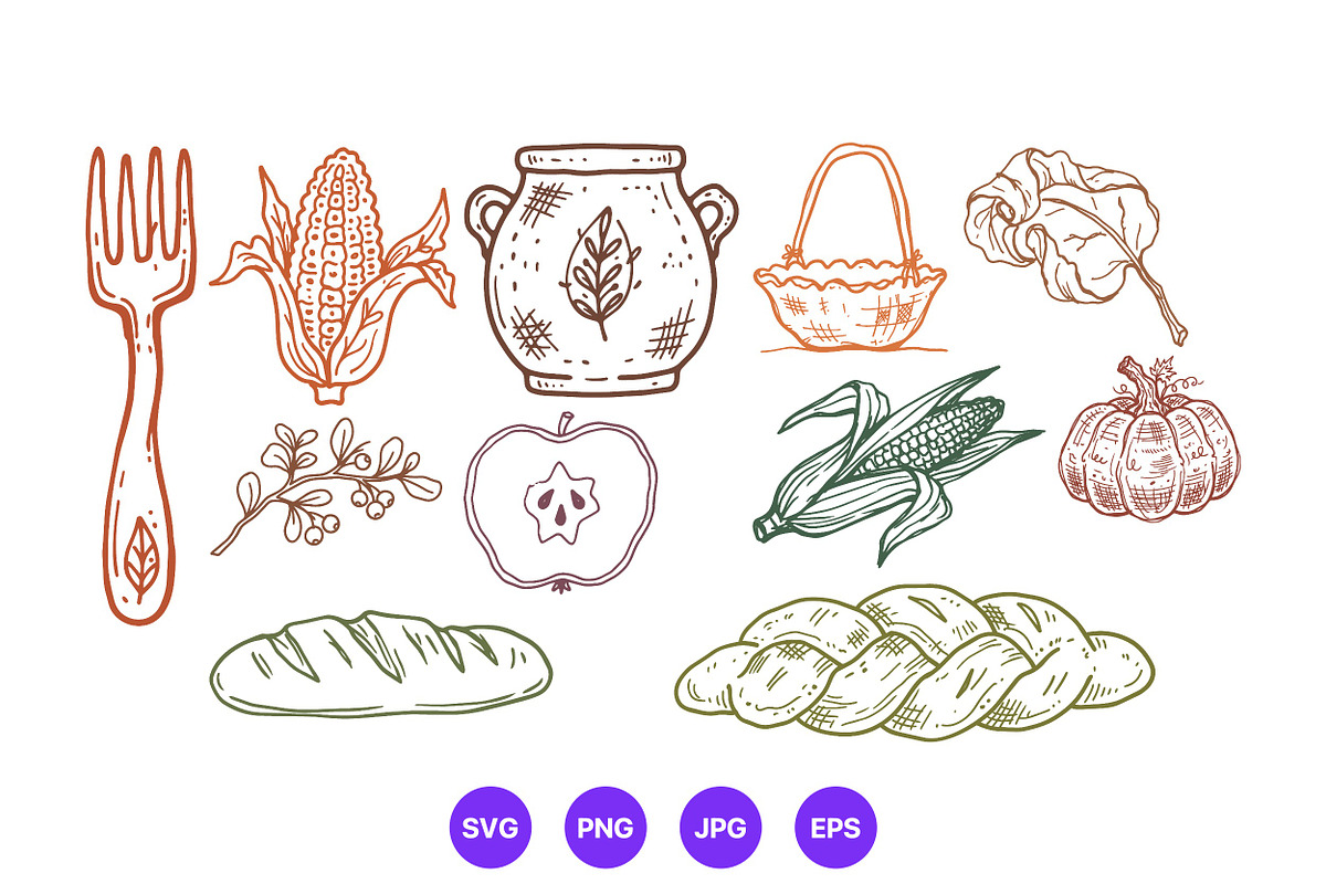 Thanksgiving Hand Drawn Folk Art Set, a Seasonal Illustration by designvectx (Photo 5 of 10)