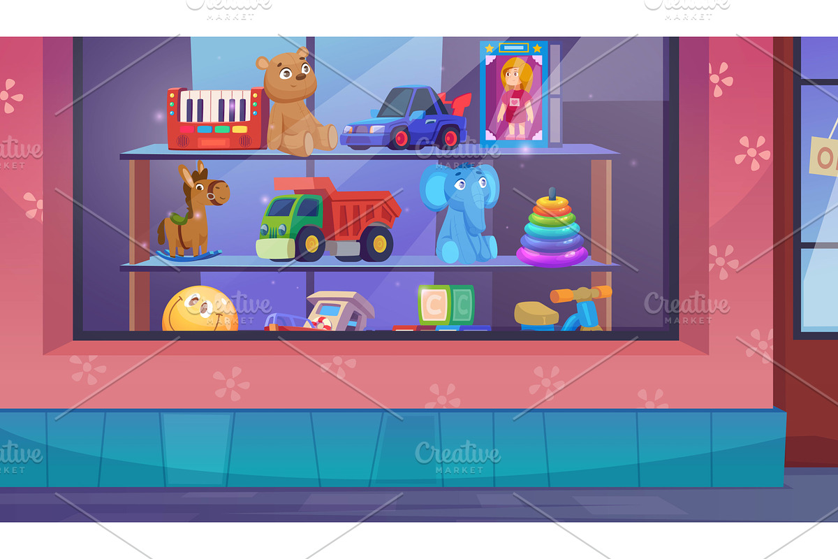 Kids shop. Funny toys in children, an Illustration by Onyx