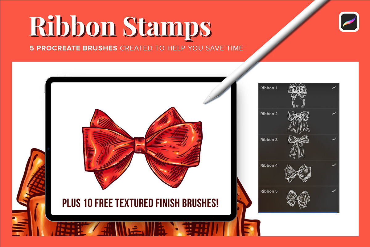 5 Ribbon Procreate Stamp Brushes, a Brush Add-On by Riveros Illustration (Photo 2 of 12)