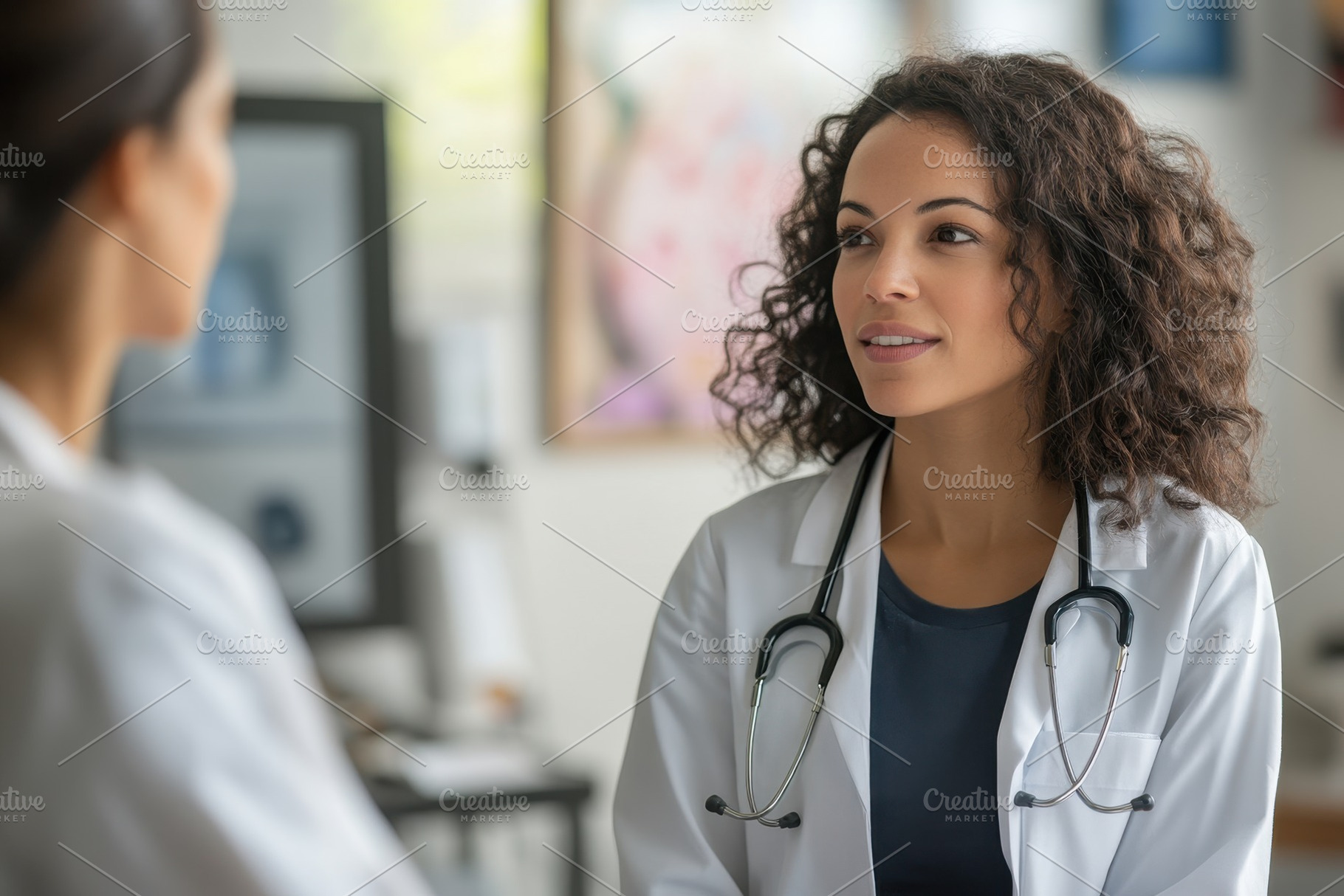 Female doctor listens to patient, a Photo by Pavel_design