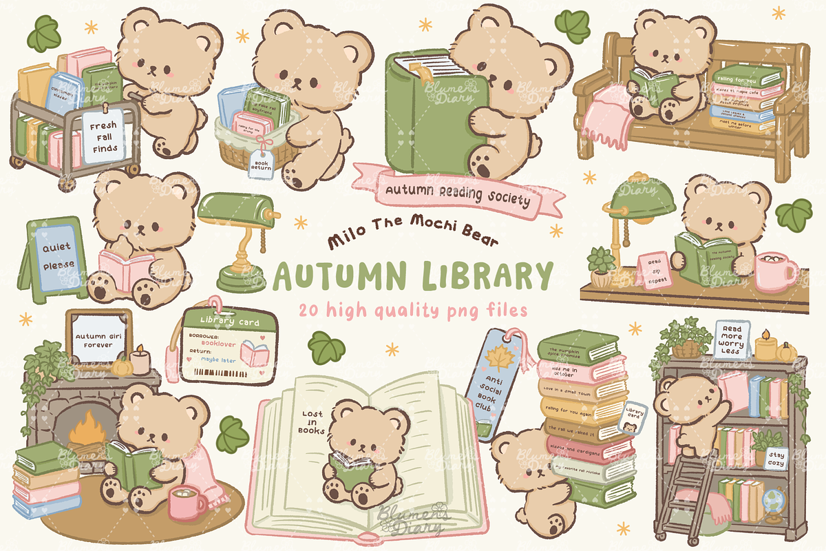 Kawaii Bear Autumn Library Clipart, an Animal Illustration by Blumensdiary (Photo 1 of 6)