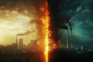 Fossil fuels burning on one side, a Photo by Pavel_design