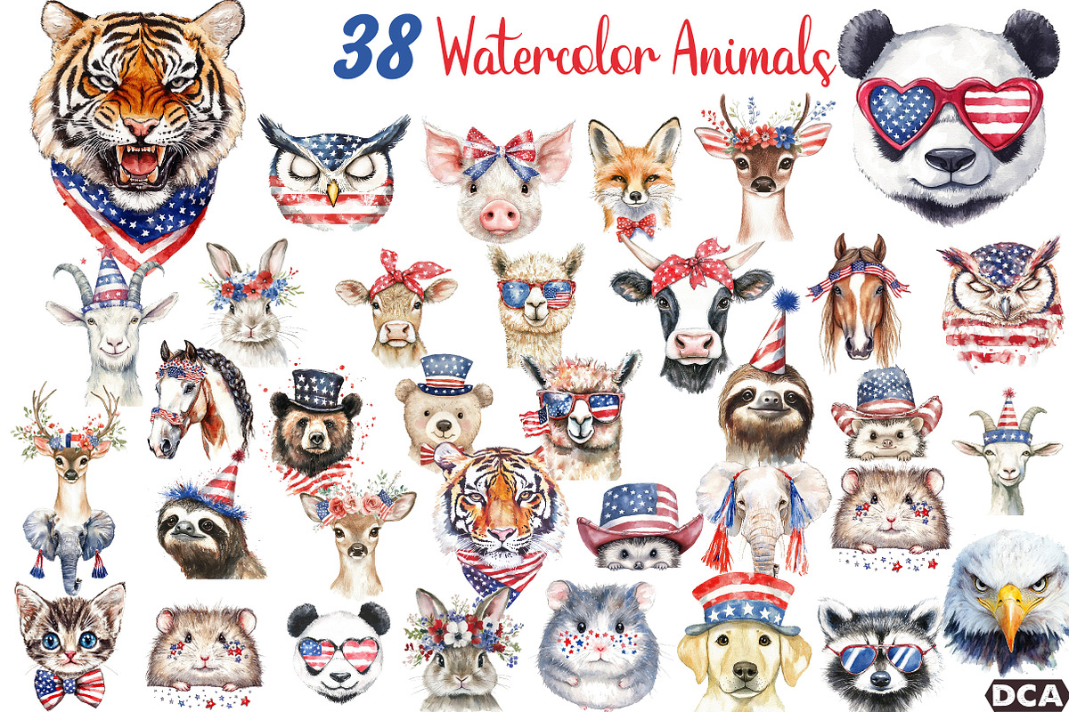 Watercolor Animal 4th of July Clipar, an Illustration by DreamCafeArt (Photo 1 of 7)