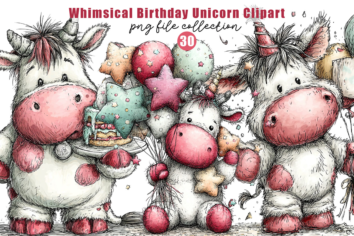 Whimsical Birthday Unicorn Clipart, an Illustration by Dream Creation (Photo 1 of 6)