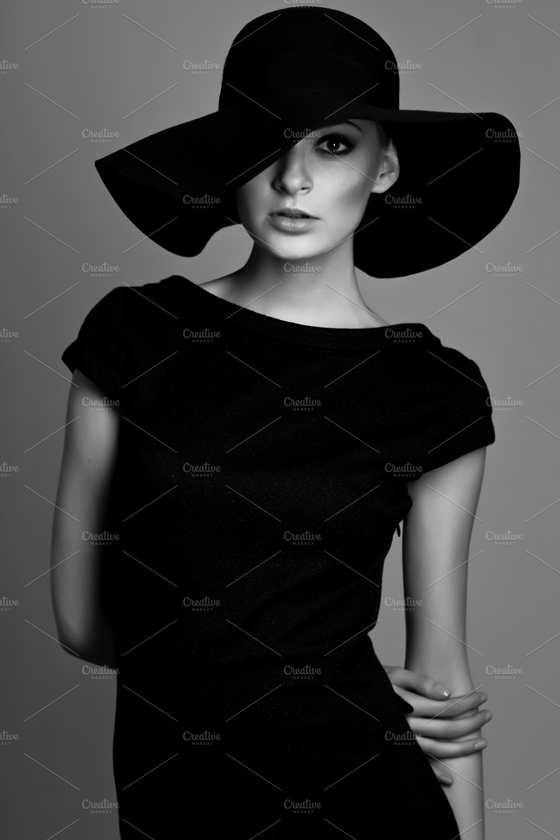 Woman retro fashion portrait featuring black, white, and hat, a Beauty & Fashion Photo by MaxFrost