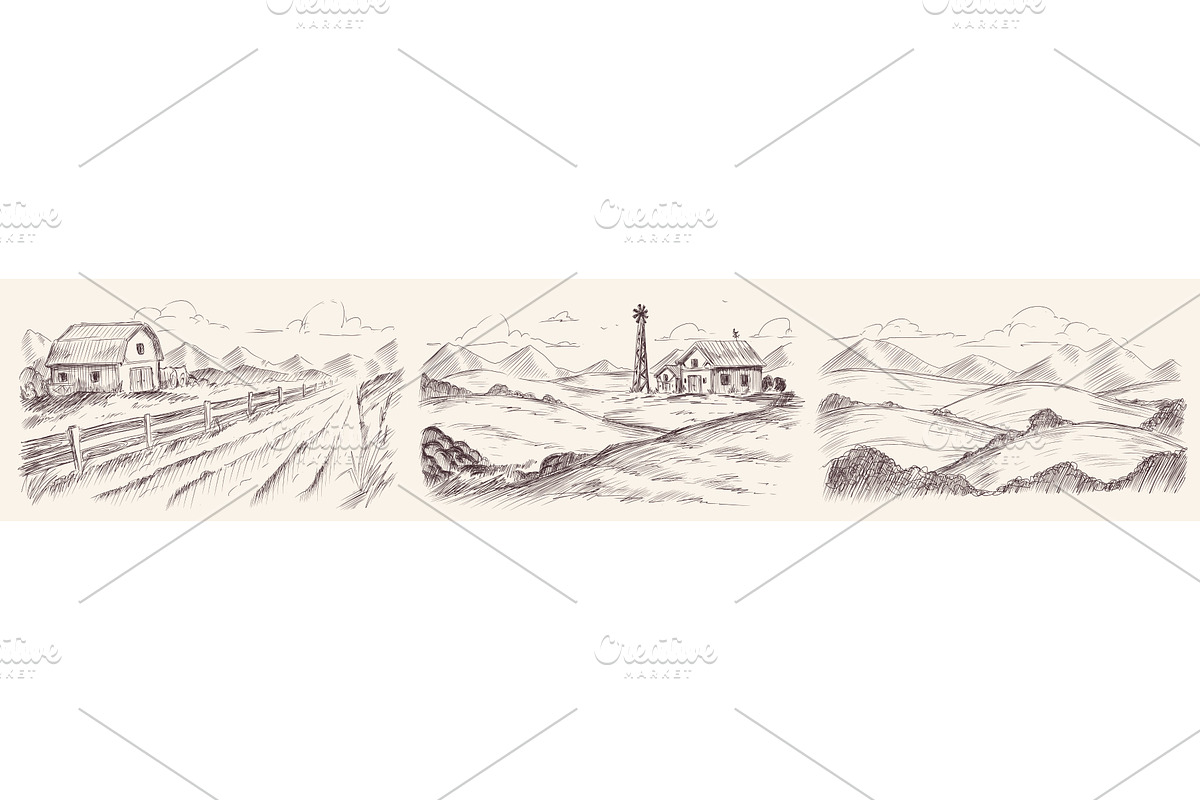 Hand drawn farm landscapes, sketch, an Illustration by art PVP - market