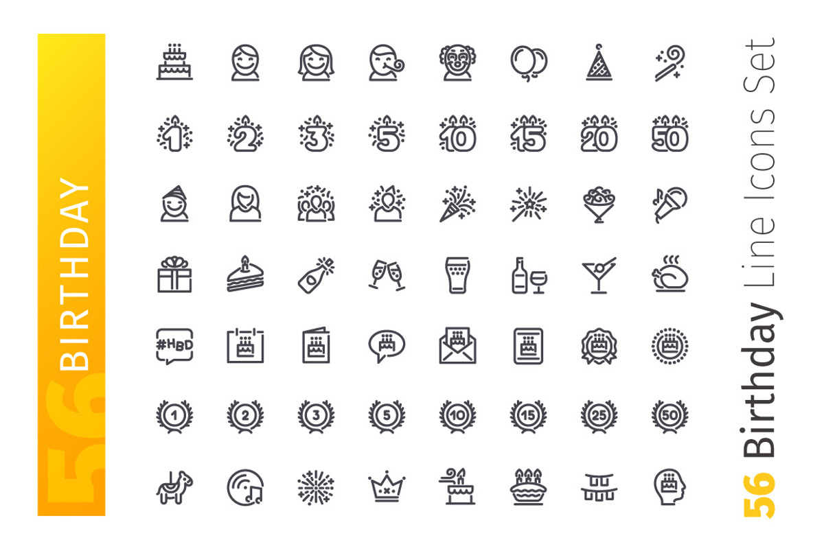 Birthday Line Icons Set, an Outline Icon by Voysla's Shop (Photo 2 of 4)
