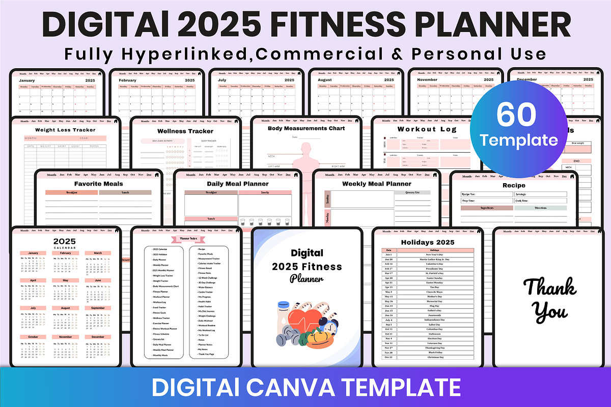 Digital 2025 Fitness Planner, a Stationery Template by Shumaya (Photo 1 of 7)