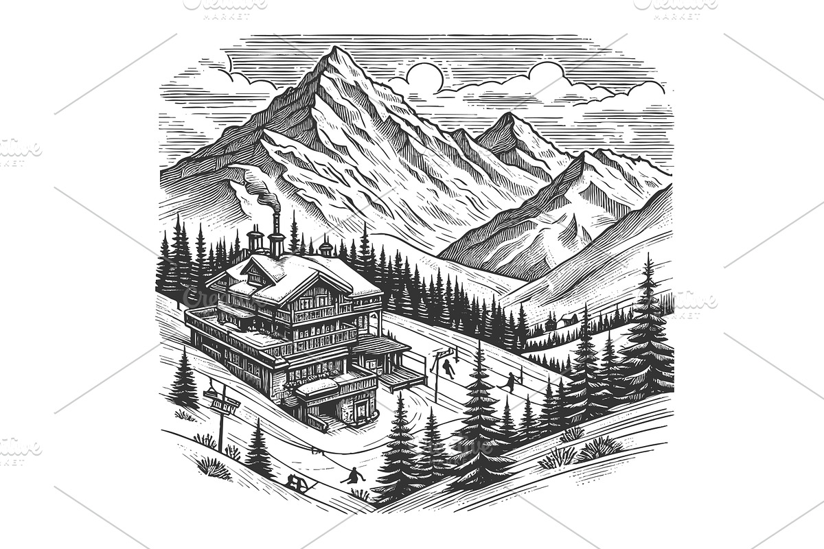 ski resort lodge in snowy mountains, an Illustration by AlexArt