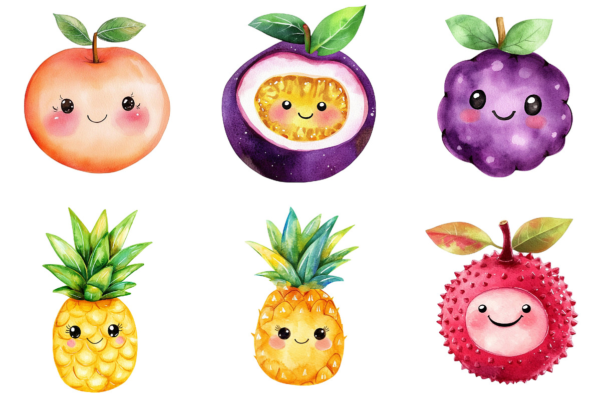 Cute Kawaii Fruits Clipart, an Illustration by DreamArtGraphic (Photo 4 of 4)