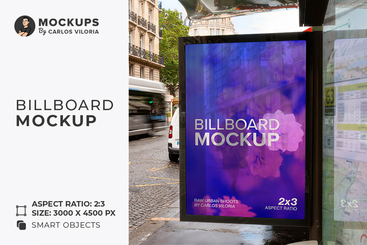 Paris Bus Stop Billboard Mockup, an Advertising Mockup by Mockups by Carlos Viloria (Photo 1 of 4)