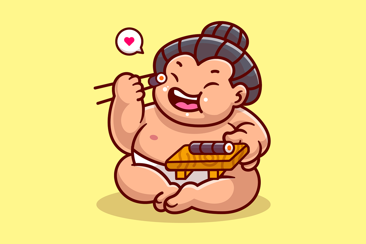 Cute Sumo Eating Sushi Cartoon, a Person Illustration by Catalyst Labs