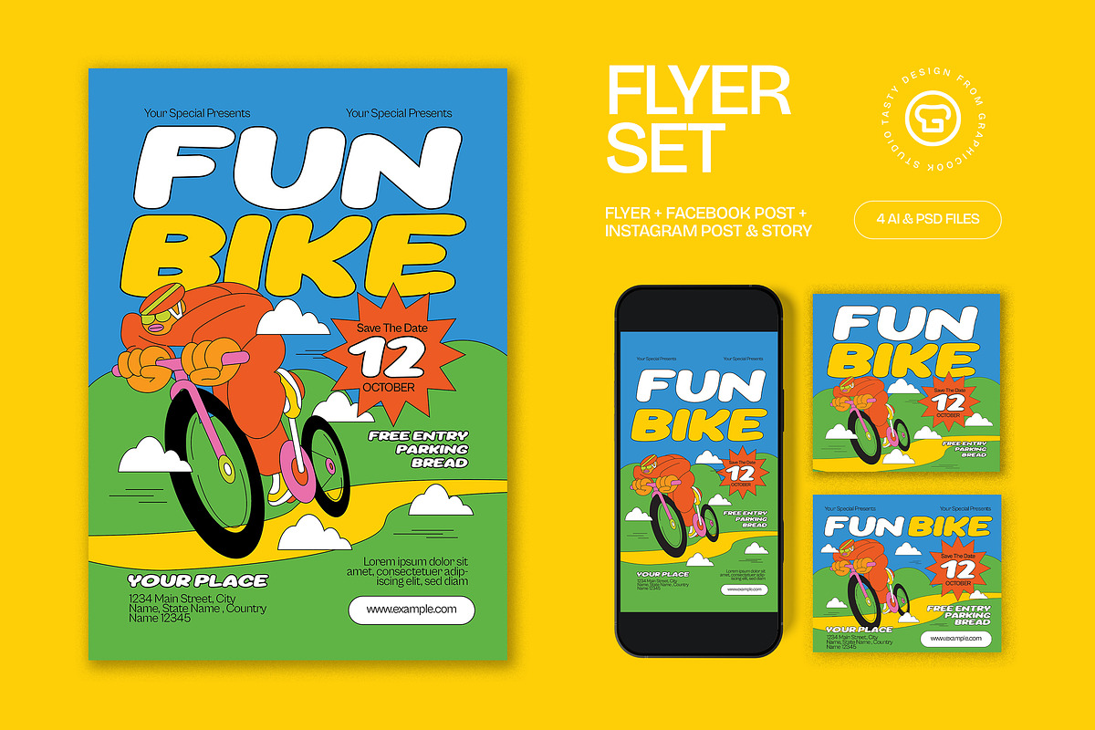 Blue Quirky Bike Event Flyer Set, a Flyer Template by graphicook (Photo 1 of 3)
