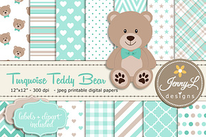 Turquoise Teddy Bear Digital Paper, a Pattern Graphic by JennyL Designs