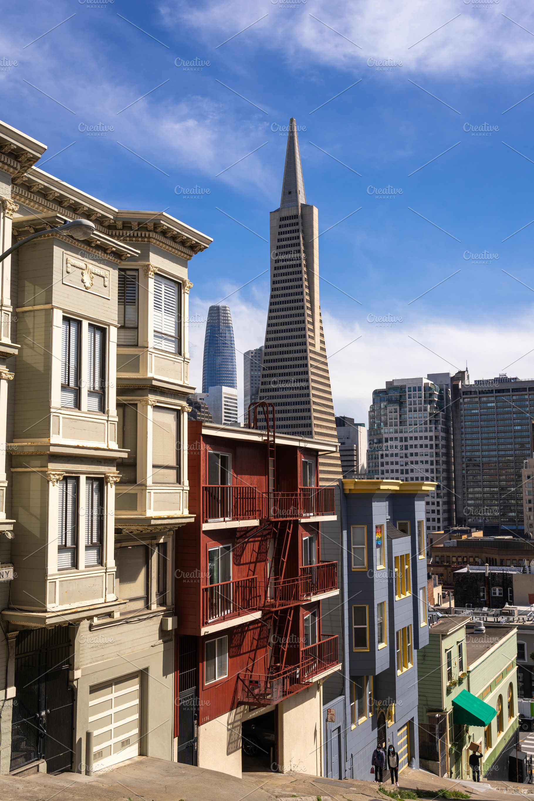 Steep street view with downtown skyline in San Francisco, USA, a Photo by GoodGoods