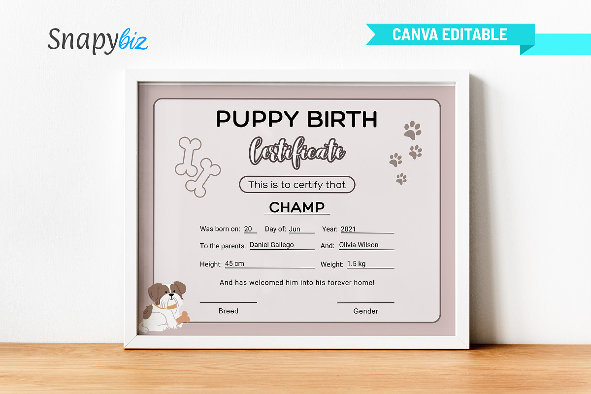 Editable Puppy Birth Certificate, a Print Template by Snapybiz (Photo 5 of 11)