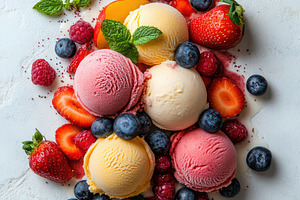 Fresh fruit, scoops of colorful crea, a Food & Drink Photo by Pixeness Studio