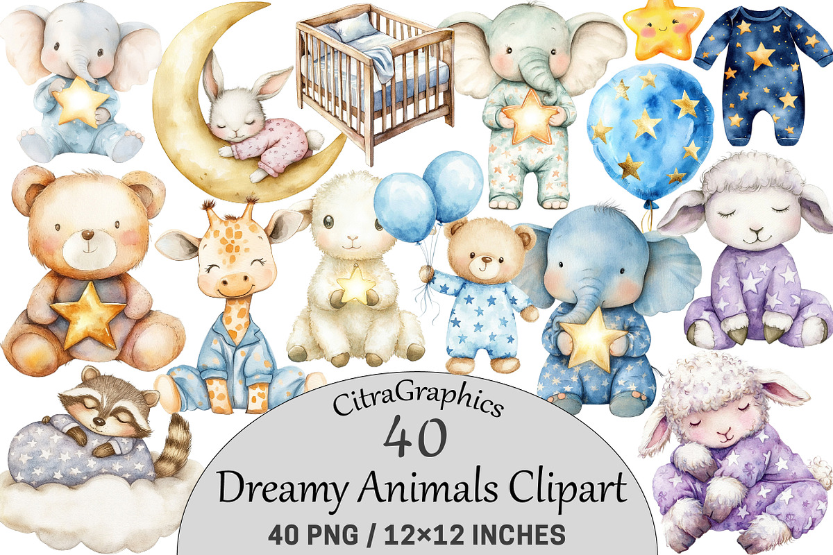 Watercolor Dreamy Animals Clipart, a Seasonal Illustration by CitraGraphics (Photo 1 of 7)