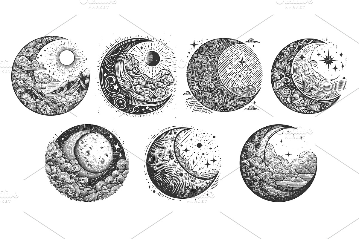 Crescent Moon engraving set vector, an Illustration by AlexArt