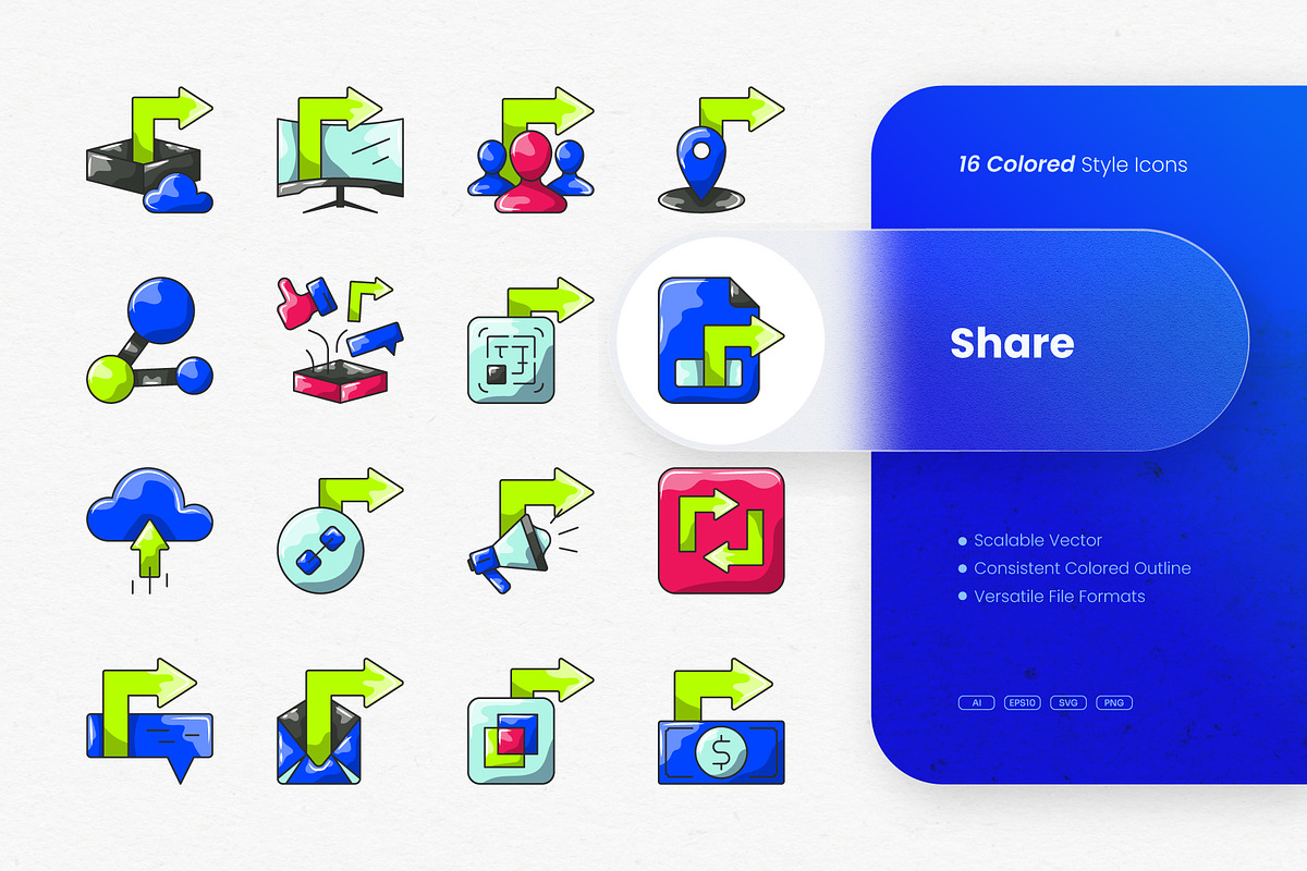 Share Colored Icons, an Outline Icon by cidcud_graphic
