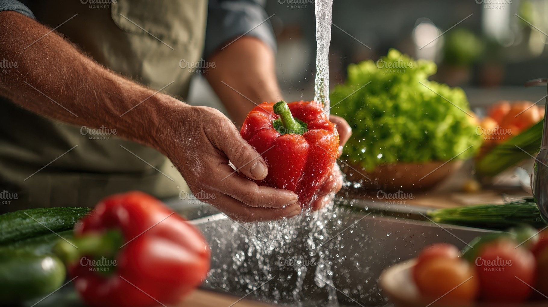 Man washing red bell pepper in kitch, a Photo by Pixeness Studio