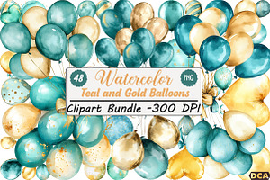 Teal and Gold Balloons Clipart, an Illustration by DreamCafeArt