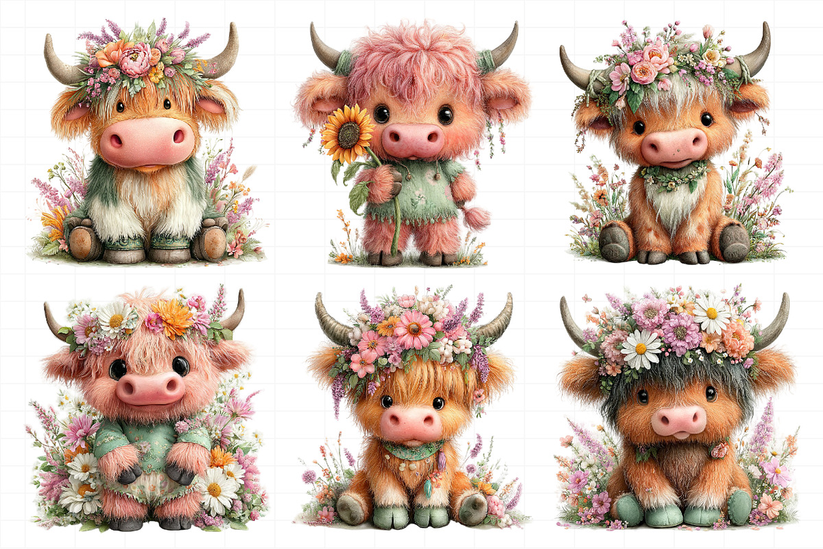 Watercolor Summer Highland Cow Clipa, an Illustration by Daily.Designs (Photo 4 of 8)