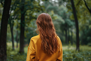Young woman in yellow sweatshirt on summer park background, back, a Beauty & Fashion Photo by AlyaAnd