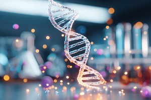 Glowing dna double helix in a laboratory setting, a Health & Medical Photo by AlyaAnd