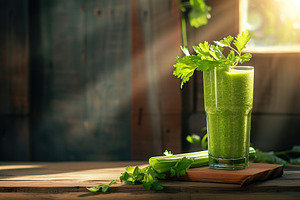Fresh celery juice in glass on wooden table, a Food & Drink Photo by AlyaAnd