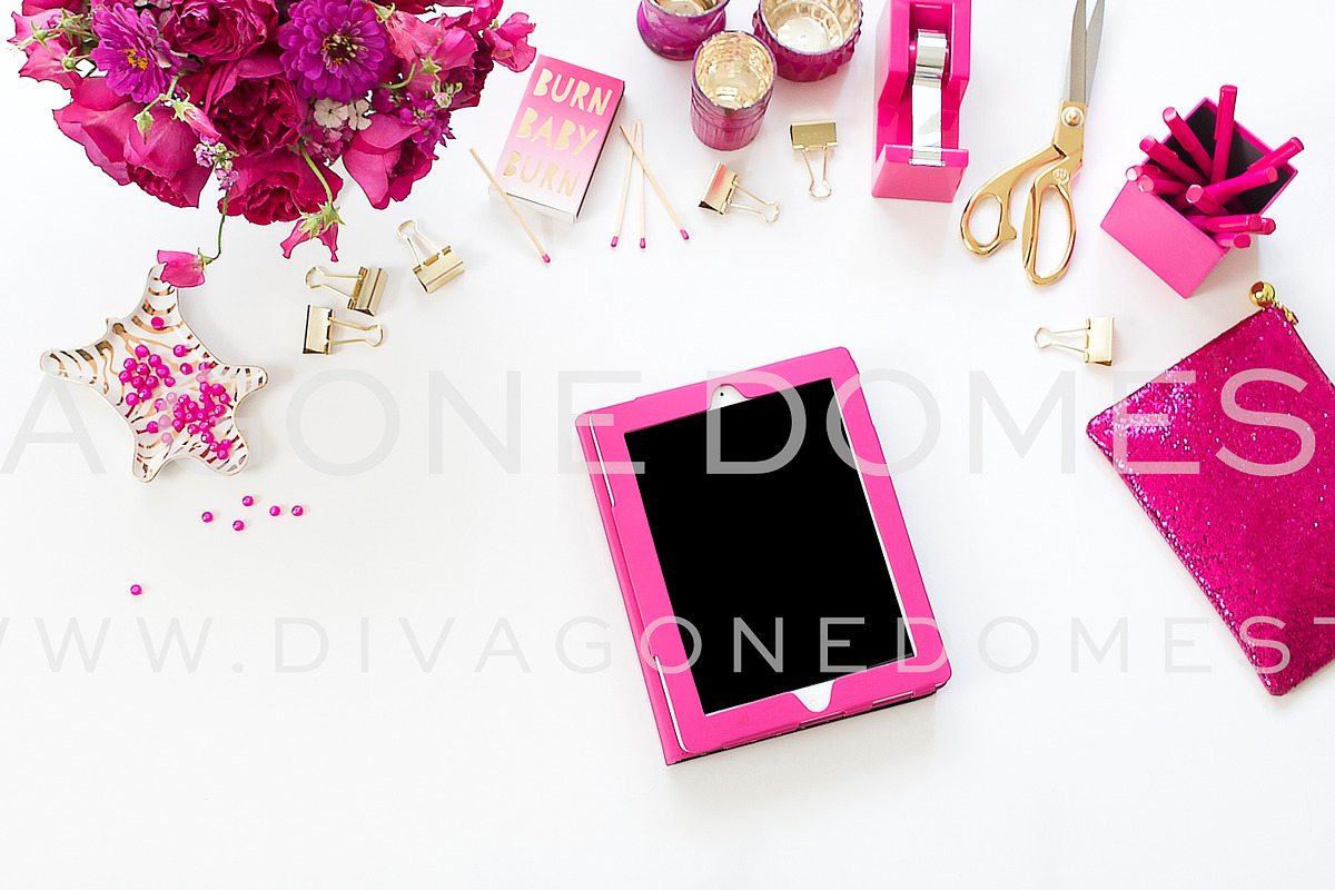 iPad Hot Pink Desktop | Stock Photo, a Books & Magazine Mockup by avenuetwentyone