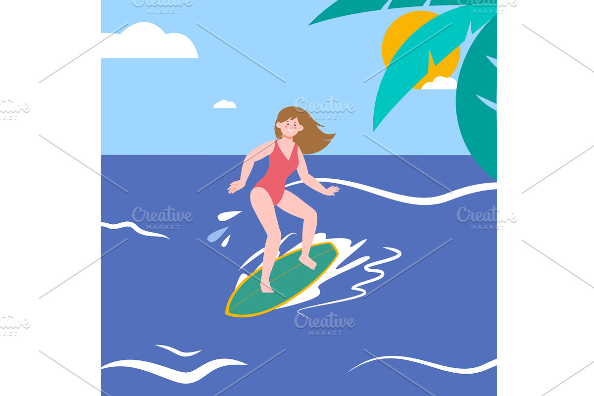 Surfing on beach. Young female, a Sport Illustration by LadadikArt