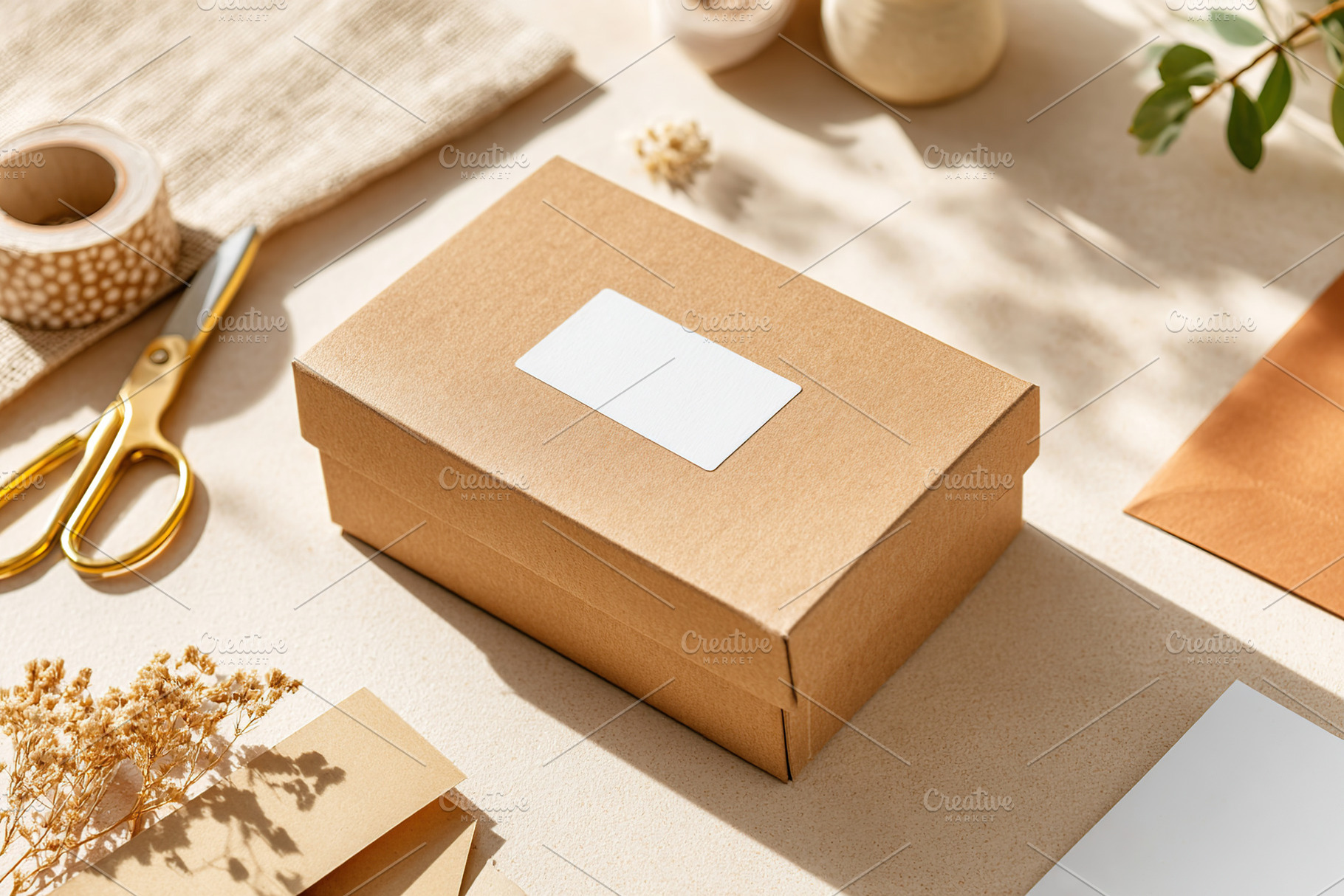 Rectangular tabletop mockup featuring a brown packaging box and crafting materi, a Photo by AlyaAnd